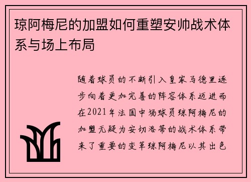 琼阿梅尼的加盟如何重塑安帅战术体系与场上布局